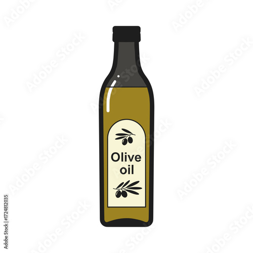 Olive oil bottle with label and olives 