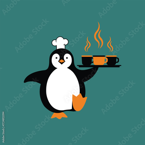 Happy world coffee day celebrate with a charming penguin barista serving hot beverages vector