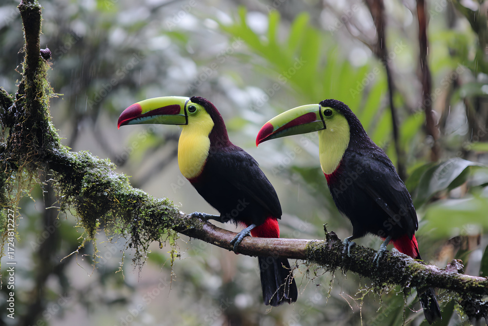 Fototapeta premium Two keelbilled toucans perched on a mossy branch in the lush rainforest of Costa Rica, showcasing their vibrant colors and unique beaks in their natural habitat.