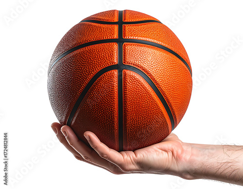 Hand holding an orange basketball against a black background