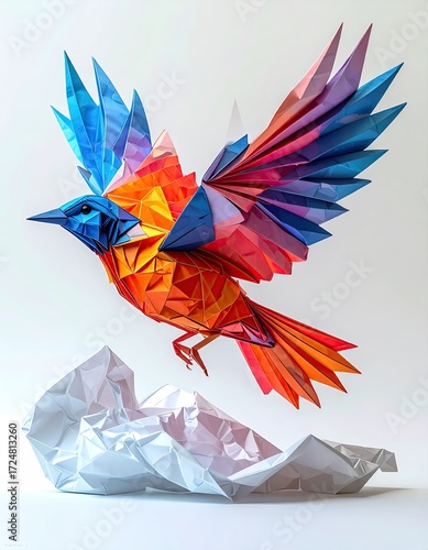 Colorful origami bird in flight over crumpled paper