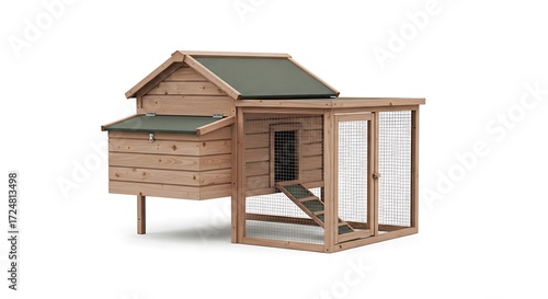 Elevated wooden chicken coop with wire enclosure and ramp on a white background