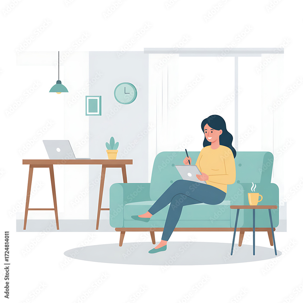 Fototapeta premium A woman relaxes on a comfortable sofa scrolling on her phone in a bright modern living room with a desk and laptop