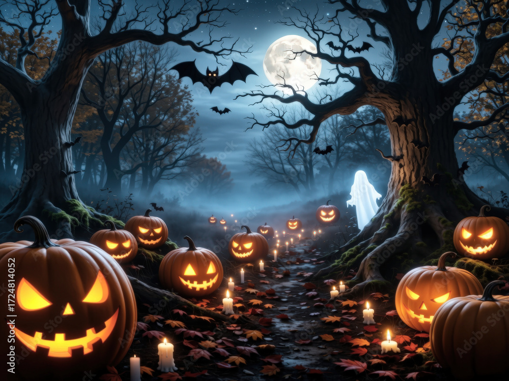 Fototapeta premium A creepy forest at night, a path goes into the distance, glowing pumpkin lanterns stand along the road