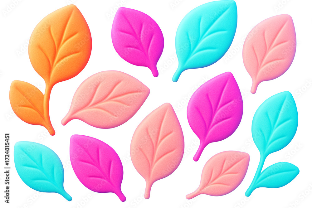 Obraz premium Colorful abstract leaves in pink, orange, and blue tones with soft texture, isolated on white background, creative clean design element. Ai generative