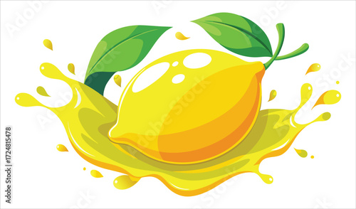 Juicy fresh lemon juice with citrus fruit and green leaf illustration vector