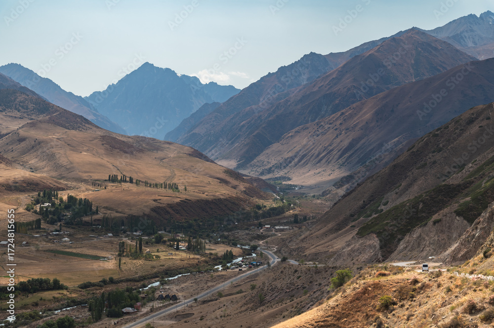 Naklejka premium Mountain gorge of the Issyk-Ata River in Kyrgyzstan, autumn in the mountains.