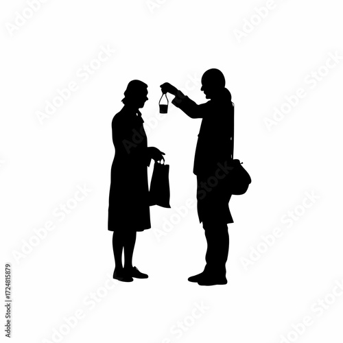 Silhouette of lab sample collector giving samples to hospital staff isolated on white background