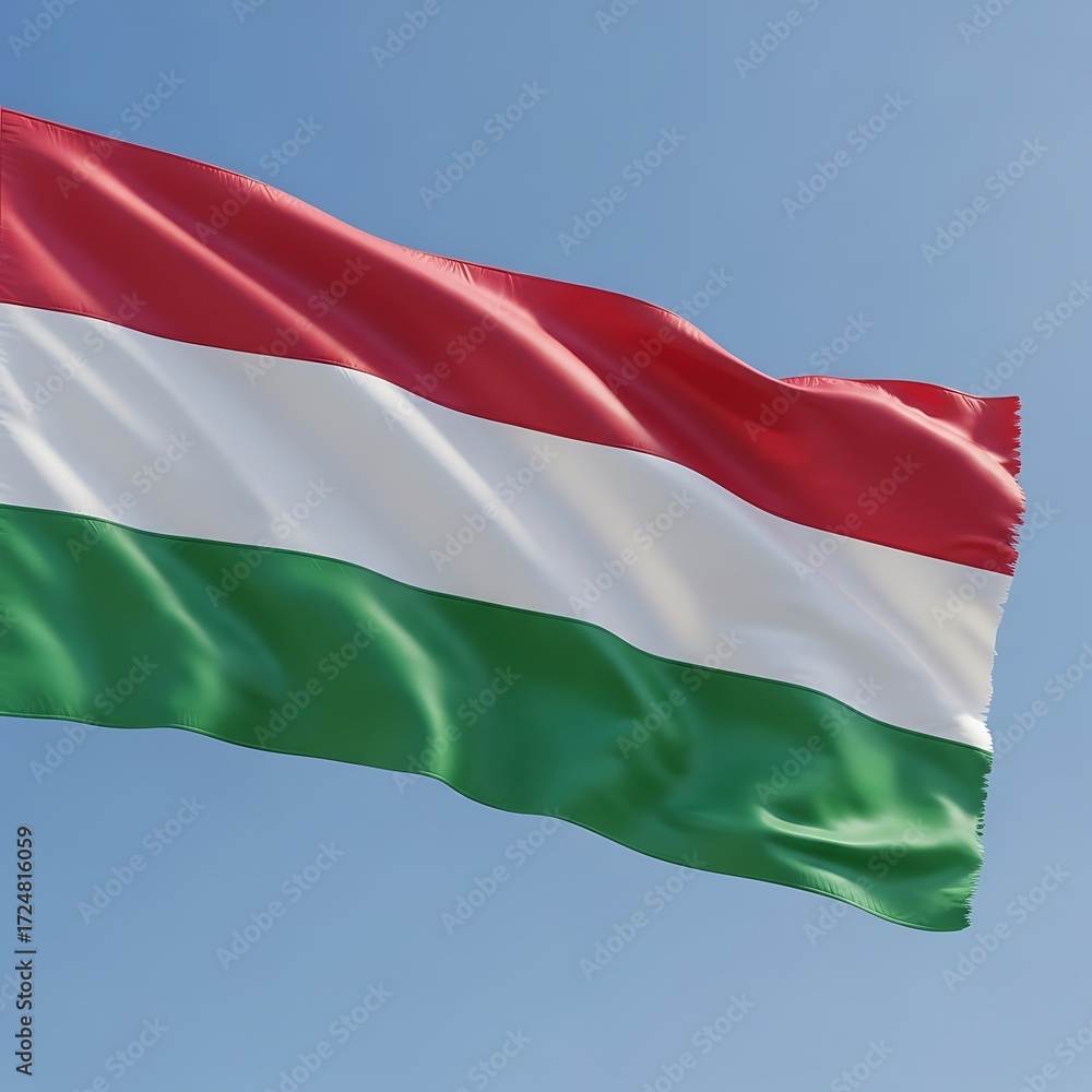 Fototapeta premium A digitally rendered image of the hungarian flag waving against a clear blue sky.