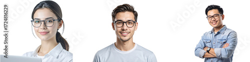 Three diverse people wearing glasses and smiling isolated on transparent background