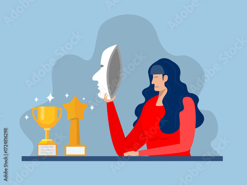 Imposter syndrome.woman standing for her present profile with fear after door . Anxiety and lack of self confidence at work; the person fakes is someone else concept