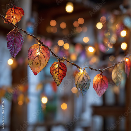 Rustic string garland decorated with colorful autumn leaves, illuminated with warm soft lighting. Perfect for cozy seasonal decor concepts.