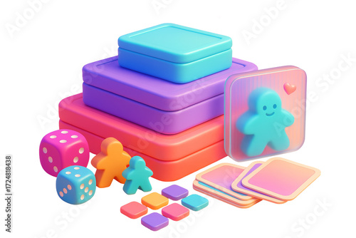Board game elements including dice, cards, tokens, and boxes in vibrant pastel colors, isolated on white background. Concept of hobby and leisure. Ai generative
