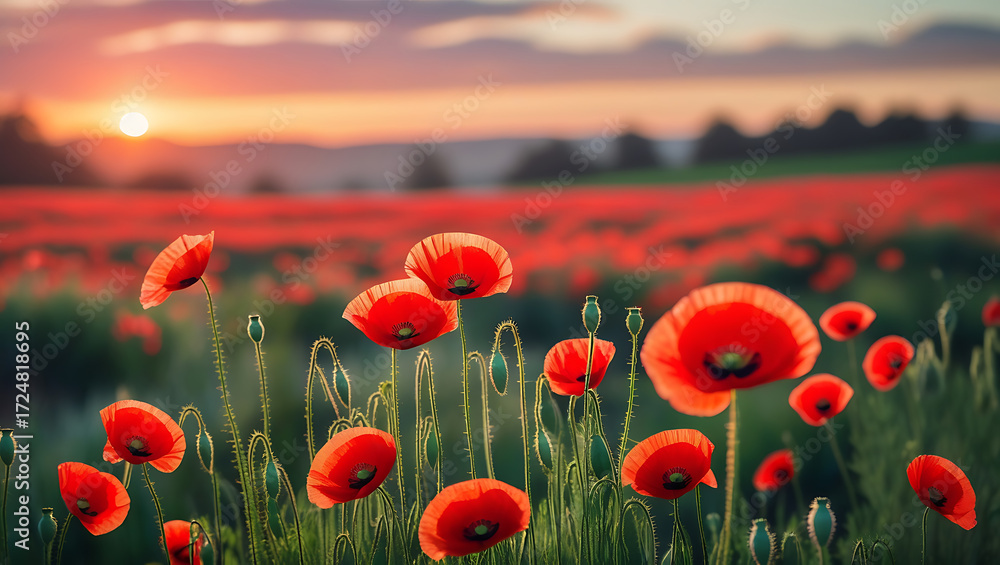Fototapeta premium field of poppies and sky, 8k image