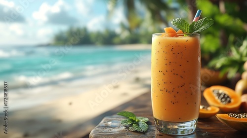 Refreshing tropical smoothie made with papaya served in a glass with a straw garnished with mint leaves and placed on a beachside table with a view of the ocean and palm trees