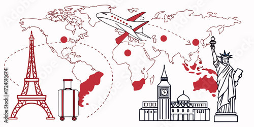 World travel itinerary illustration: Airplane flying over a hand-drawn world map featuring iconic landmarks, a suitcase, and red destination markers, showcasing a minimalist, adventurous style.
