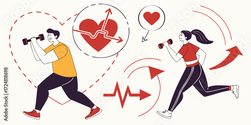 Cardio Workout:  Modern Line Art Illustration of a Man Weightlifting and a Woman Jogging,  Promoting Heart Health and Fitness Lifestyle.
