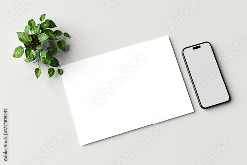 Realistic A4 blank paper landcape and smartphone mockup isolated on a gray background. 3D rendering	