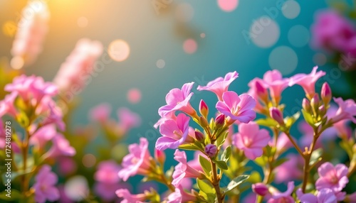 Dreamy Pink Flower Scene with Golden Sunlight