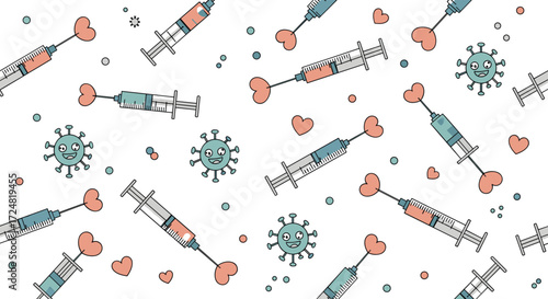 Illustrative depictions of medical syringes with vials filled with a pink liquid and stylized representations of the virus.