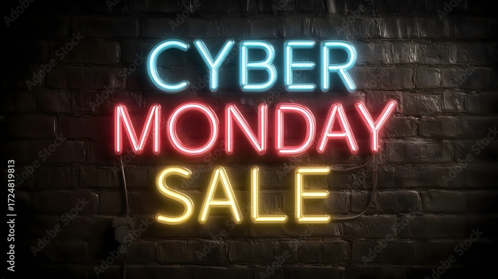 Fototapeta premium Creative neon text displaying Cyber Monday Sale in a stylish design, perfect for promotional events and online marketing strategies