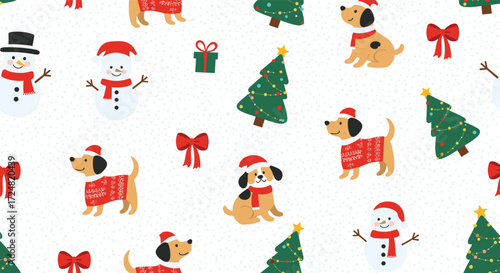 A festive holiday pattern featuring cute dogs in sweaters and snowmen.
