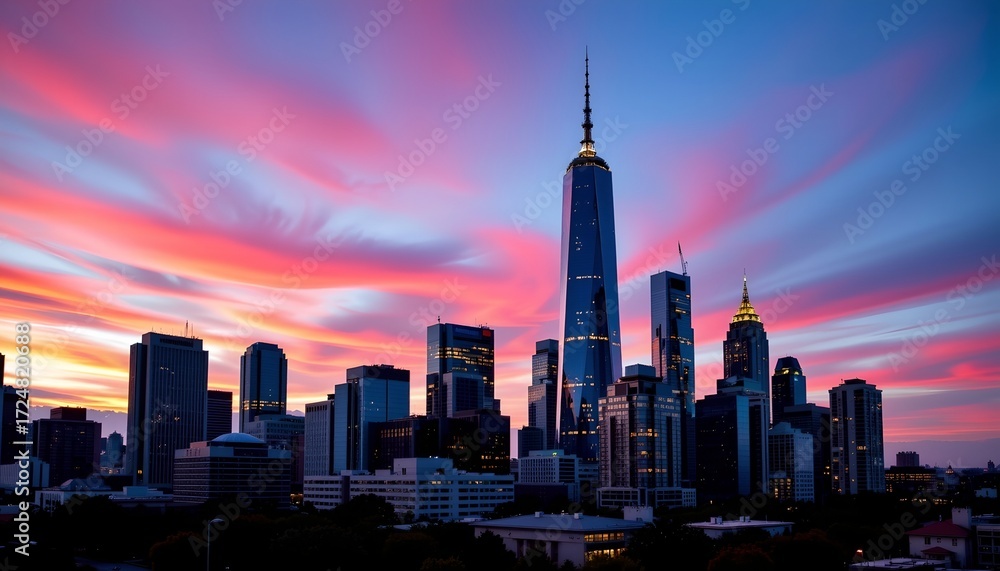 Obraz premium Colorful Twilight Skyline with Modern Skyscrapers
