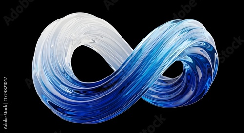 Photorealistic 3D render of a flowing, liquid glass sculpture. The form is an abstract, cybernetic loop with a pristine gradient from brilliant white through electric light blue into a rich sapphire b