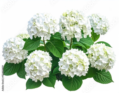 Lush cluster of seven large, round, white hydrangea blossoms, surrounded by vibrant green foliage, isolated on a white background