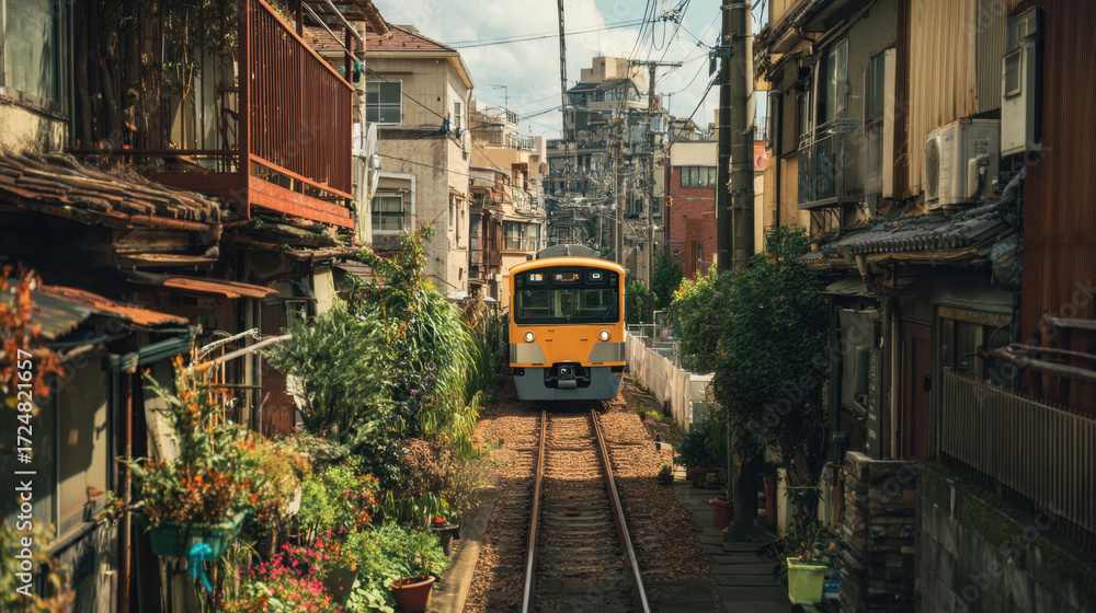 Naklejka premium Train moving through urban landscape with traditional houses on either side, trees and plants lining the tracks under a blue sky with clouds.