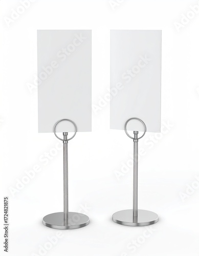 Two sleek, silver metal stands hold blank rectangular cards, ideal for place cards, signs, or displays.  Elegant and minimalist design