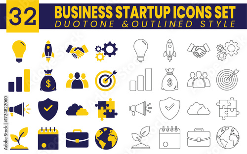 Business and Startup Icon Collection. 32 modern vector symbols including rocket, idea, growth, and teamwork in two styles: duotone and thin line.