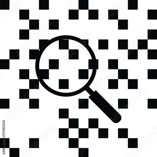 Magnifying Glass over Pixel Grid Silhouette

