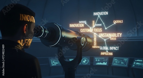 Visionary leader using futuristic technology to analyze business strategy, focusing on innovation and sustainability