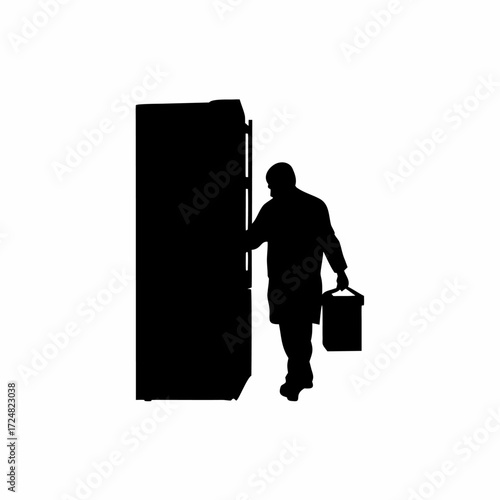 Silhouette of lab technician moving specimen to fridge isolated on white background