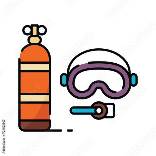 Scuba gear an orange oxygen tank and purple goggles with a snorkel