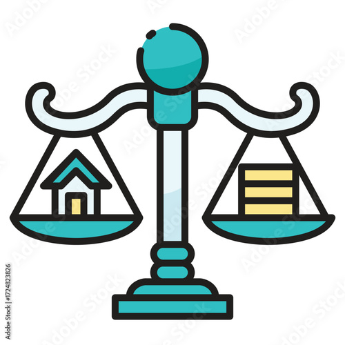 Scales of justice balancing a house and stacked coins