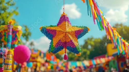 Colorful star pinata at vibrant outdoor festival. Cinco de Mayo, Battle of Puebla Day, Mexican Heritage Festival - Latin American Cultural Celebration
