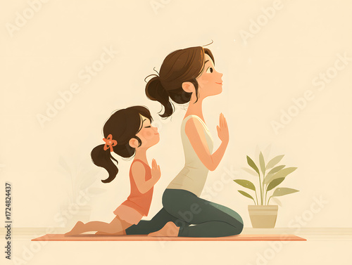 mother guiding her daughter through yoga
