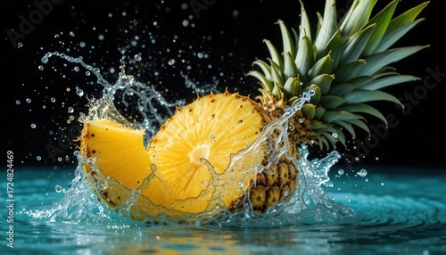 Pineapple Splash on Black   Tropical Pineapple Slice Falling into Water