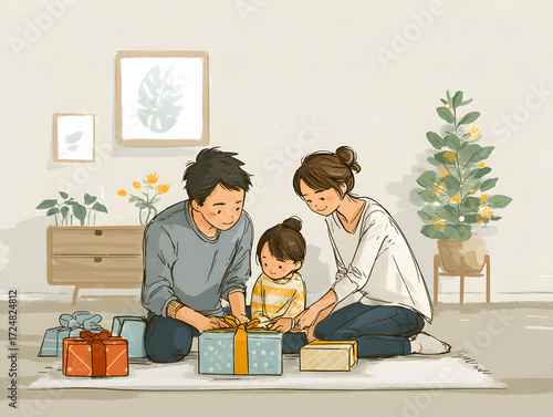 parents helping their child open present