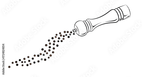 A pepper mill is shown dispensing peppercorns for cooking.