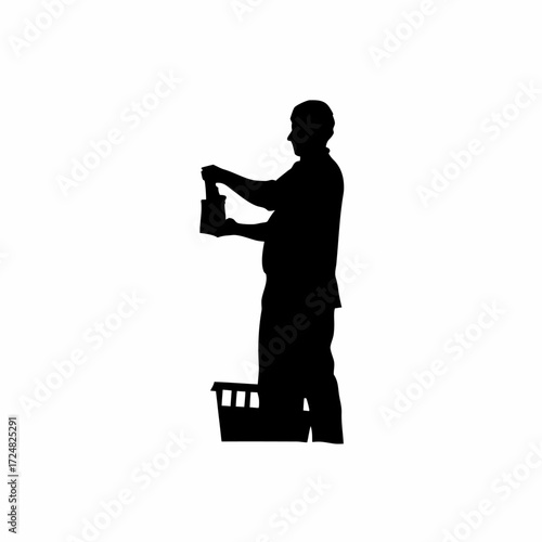 Silhouette of lab sample collector placing sample jars in safety tray isolated on white background