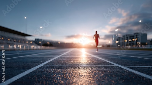 Athlete Runs on Illuminated Track at Sunset Cinematic Lighting Dark Track Underneath Cityscape and Stadium in Background