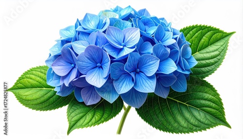 A vibrant cluster of light-blue hydrangea blossoms, surrounded by lush green leaves, isolated on a white background