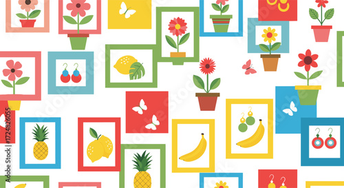 A colorful collection of framed artwork featuring vibrant flowers potted plants juicy lemons ripe bananas tropical pineapples and delicate butterflies displayed on a white background.