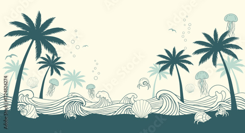 A whimsical and stylized beach scene with palm trees and ocean waves.