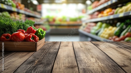 Wooden table top with a blurred supermarket aisle in the background, showcasing fruits and vegetables.