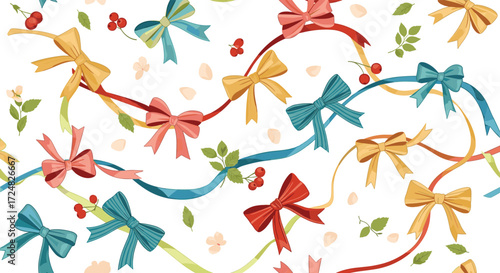 A cheerful collection of colorful bows and ribbons scattered across a white background with delicate petals and leaves adding a festive touch to this charming design.
