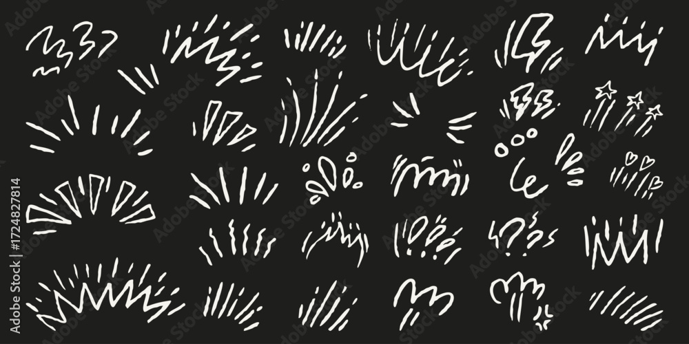 © Alena creator - Comic exclamation element set. Chalkboard white sketchy symbols and hand drawn kids chalk doodle motion lines. Stars, marks for highlight, notes, playful designs.